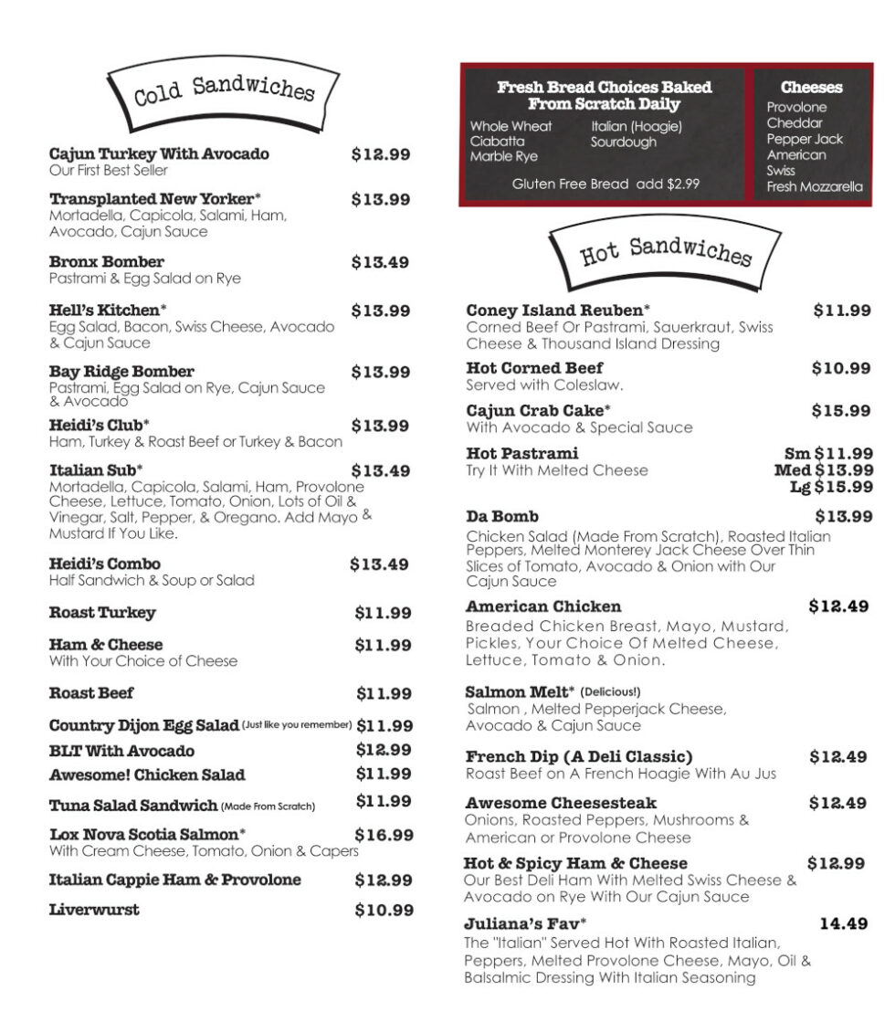 Menus Heidi's Brooklyn Deli Maine Sandwiches, Platters, Breads